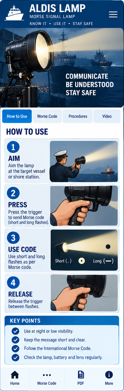 ALDIS LAMP — MORSE SIGNAL LAMP educational illustration